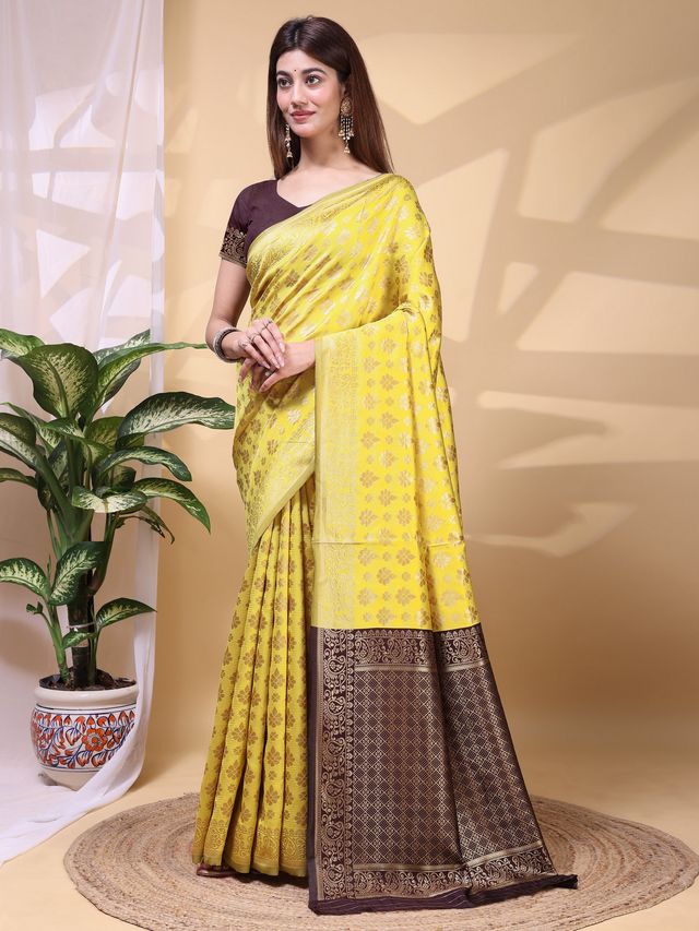 Yellow Color Lichi Silk Fabric Beautiful Woven Designer Saree