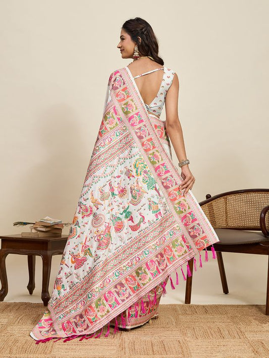 Off White Color Beautiful Silk Blended Meenakari Designer Ethnic Partywear Saree