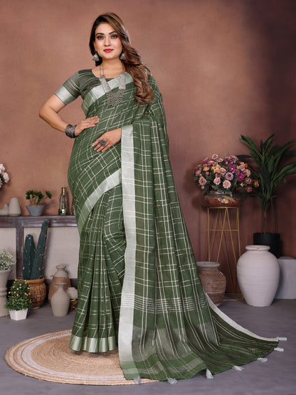 Green Weaving Linen Cotton Saree With Blouse