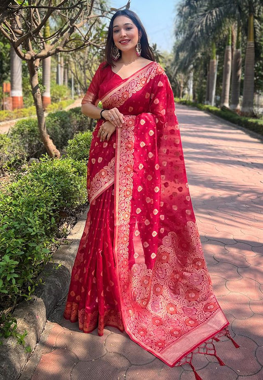Pink Color Organza Fabric Woven Designer Ceremonial Partywear Saree