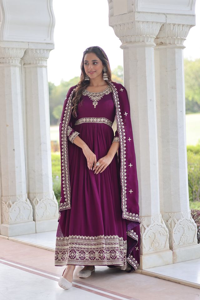 Purple Color Heavy Embroidered Ethnic Beautiful Gown With Dupatta