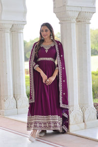 Purple Color Heavy Embroidered Ethnic Beautiful Gown With Dupatta