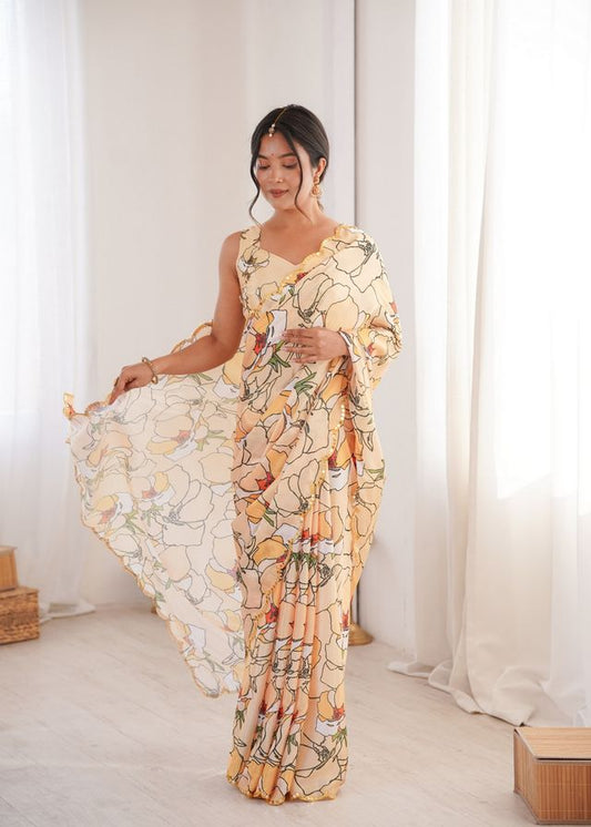 Peach Color Girlie Chinon Fabric Designer Digital Printed Ceremonial Saree