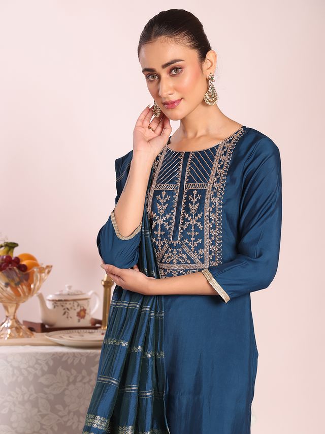 Teal Color Beautful Poly Silk Fabric Stylish Partywear Attire For Girls