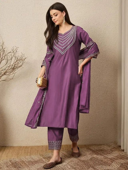 Purple Color Roman Silk Fabric Beautiful Festive Wear Salwar Kameez