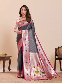 Grey Color Soft Silk Fabric Woven Jari Designer Partywear Saree