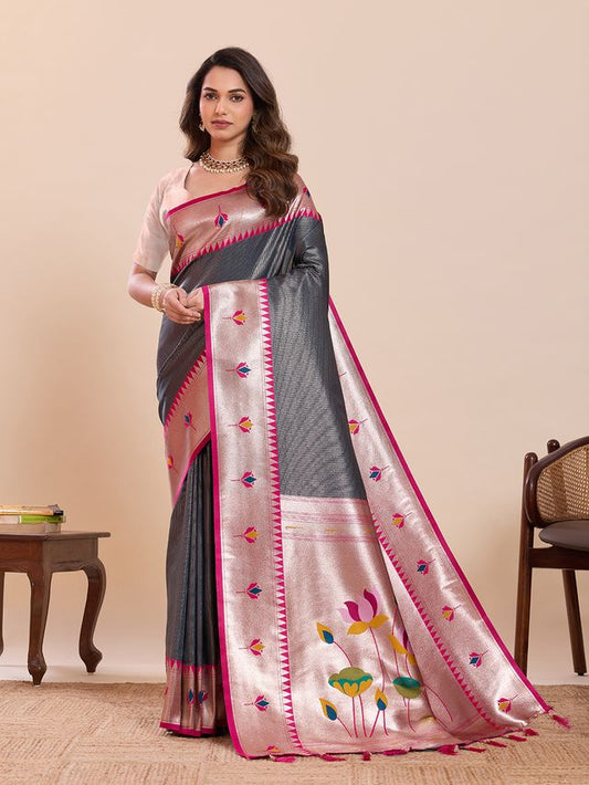 Grey Color Soft Silk Fabric Woven Jari Designer Partywear Saree