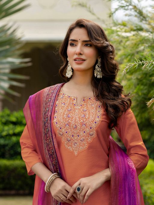 Women Gorgeous Embroidery Rayon Fabric with Straight Kurta, Pant and Dupatta Set 700