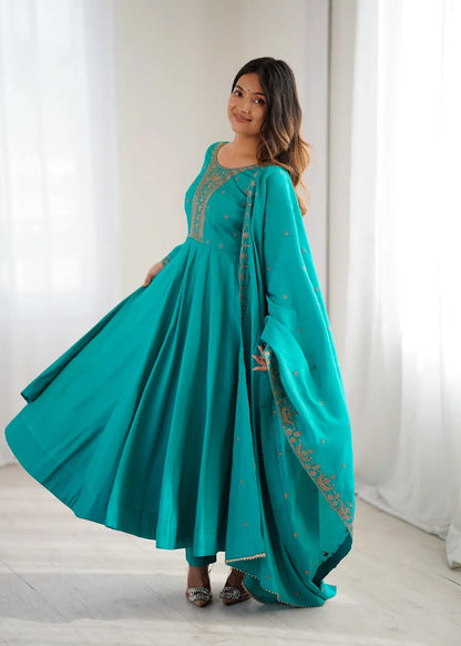 Women's Beautiful Embroidery Work Shimmer Chanderi Silk Fabric Flared Anarkali Pant and Dupatta Set
