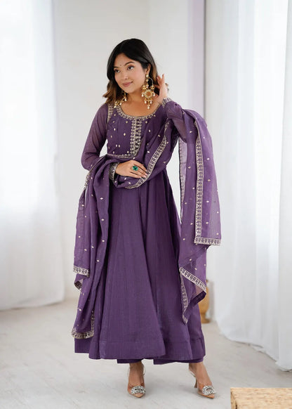 Women's Beautiful Embroidery Work Crunchy Silk Fabric Flared Anarkali Pant and Dupatta Set