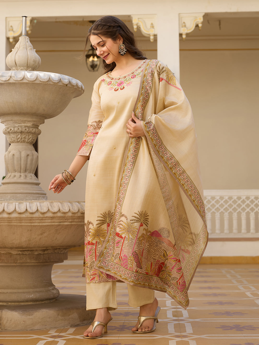 Viscose Assam Silk Fabric Straight Kurta, Pant and Dupatta Set