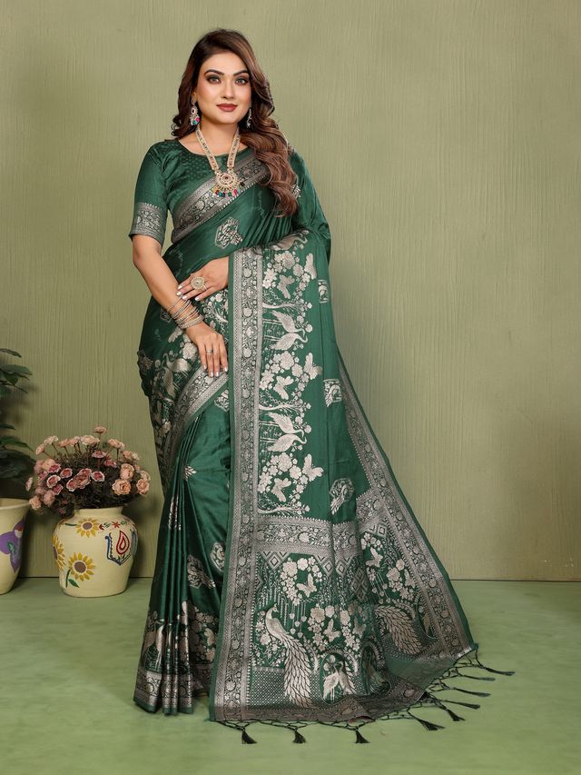 Green Color Satin Silk Fabric Woven Jari Designer Partywear Saree