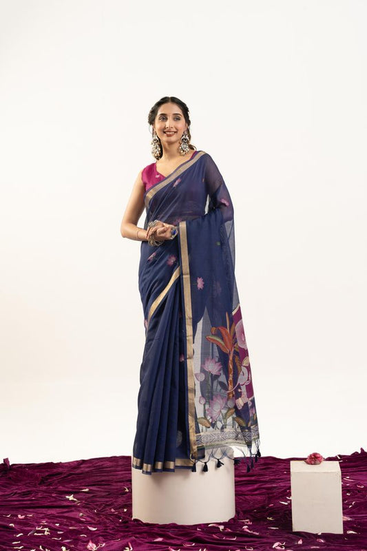 Blue Color Muga Cotton Fabric Rajwadi Weaving Designer Ethnic Classic Saree