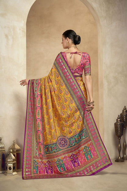 Graceful Ethnic Yellow Color Bollywood Style Crepe Silk Designer Digital Foil Printed Saree