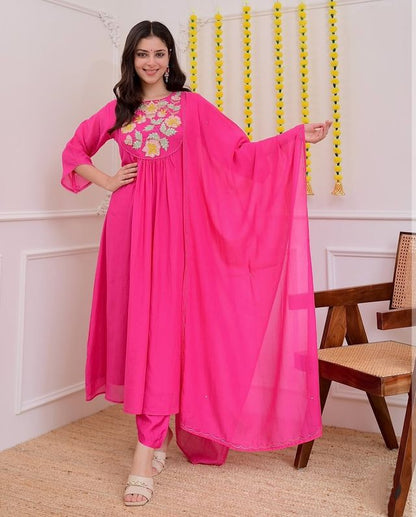 Pink Color Chanderi Silk Fabric Ceremonial Readymade Kurta Set with Dupatta