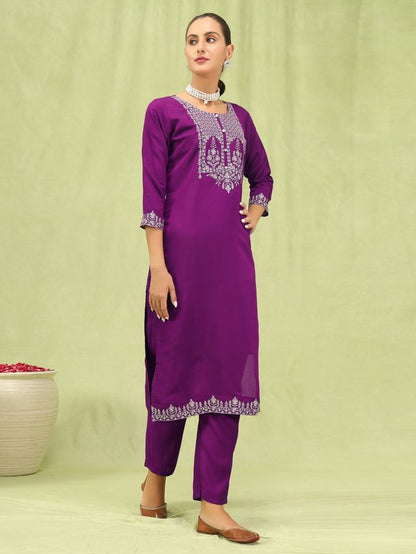 Purple Color Viscose Roman Silk Fabric Designer Embroidered Suit