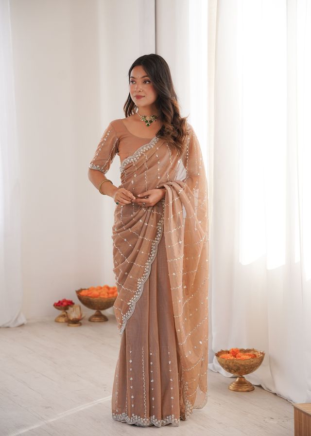 Beige Color Twill Net Fabric Ethnic And Girlie Ceremonial Saree For Girls