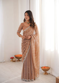 Beige Color Twill Net Fabric Ethnic And Girlie Ceremonial Saree For Girls