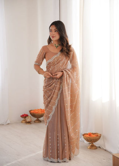 Beige Color Twill Net Fabric Ethnic And Girlie Ceremonial Saree For Girls