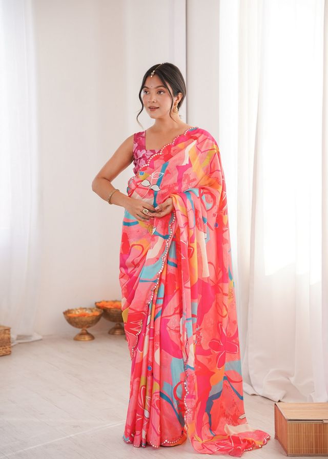 Pink Color Chinon Fabric Digital Print Smart Ethnic Saree