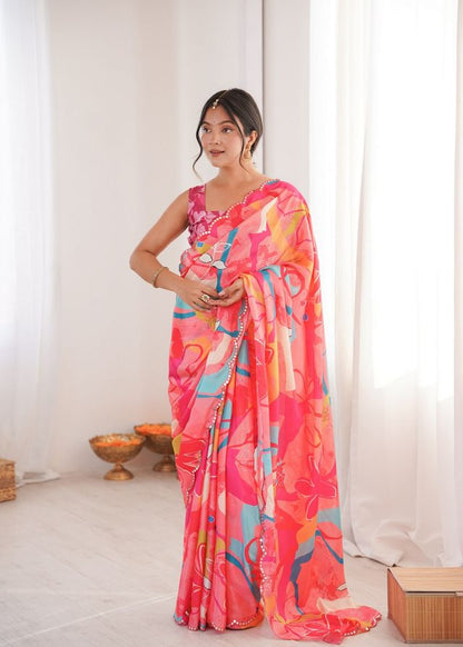 Pink Color Chinon Fabric Digital Print Smart Ethnic Saree