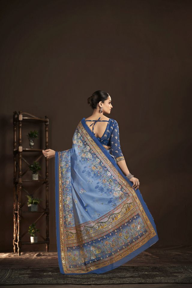 Blue Color Crepe Silk Fabric Designer Foil Printed Saree