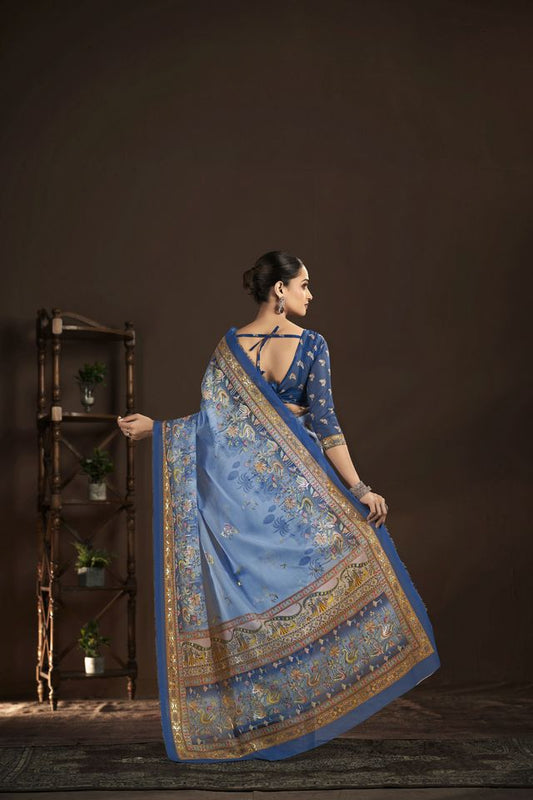 Blue Color Crepe Silk Fabric Designer Foil Printed Saree
