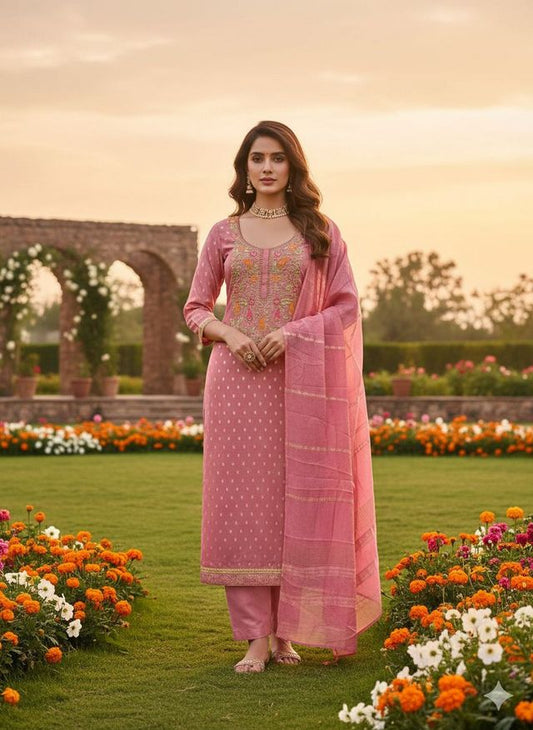 Pink Color Beautiful Shimmer Jacquard Fabric Designer Ethnic Salwar Kameez