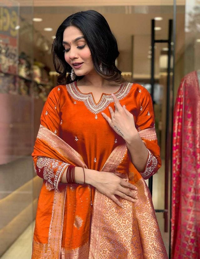 Rust Color Designer Embroidered Ethnic Partywear Suit