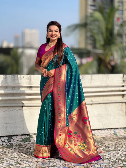 Rama Color Beautiful Soft Silk Woven Designer Partywear Saree
