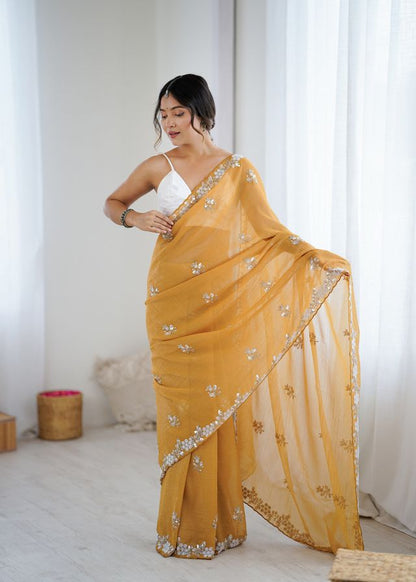 Mustard Color Chiffon Crush Fabric Heavy Designer Work Partywear Saree