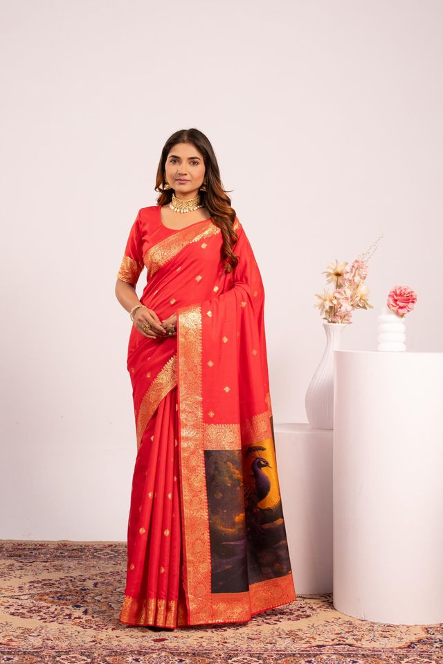 Red Color Banarasi Silk Saree For Festive Ethnic Saree