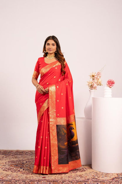 Red Color Banarasi Silk Saree For Festive Ethnic Saree