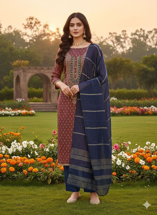 Coffee Color Beautiful Shimmer Jacquard Fabric Designer Ethnic Salwar Kameez