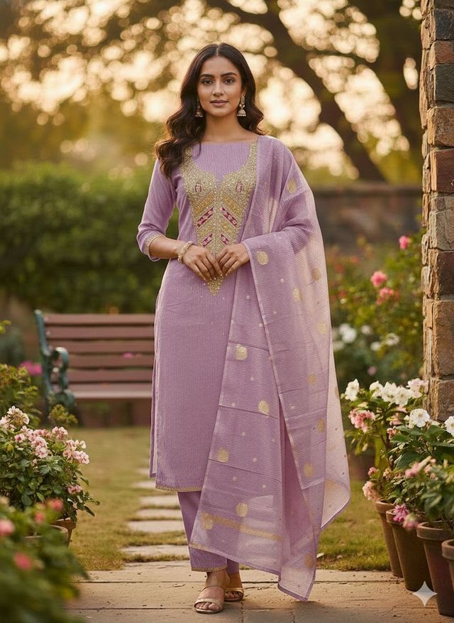 Lavender Color Kasha Simmer Fabric Designer Embroidered Partywear Salwar Kameez