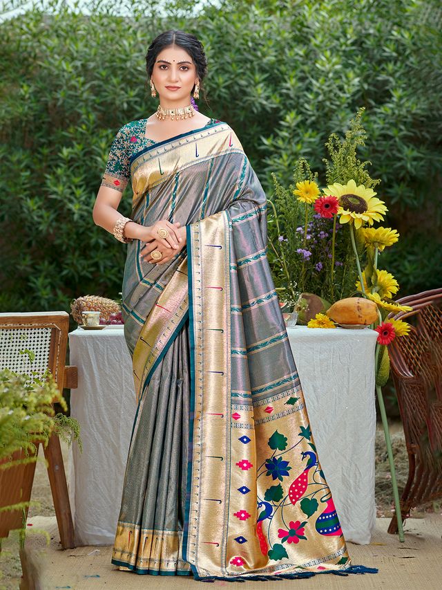 Woven Meenakari Designer Gray Color Ethnic Partywear Saree