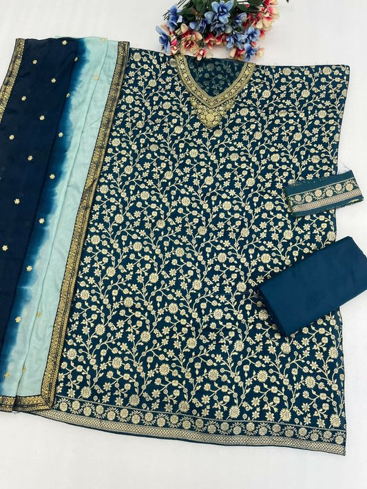 Teal Dola Silk Semi stitched Wedding Suits