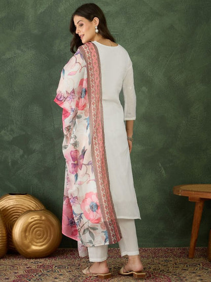 Off White Color Cotton Fabric Designer Embroidery Work Graceful Partywear Suit