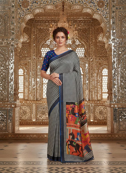 Blue Color Crepe Silk Fabric Designer Digital Printed Ethnic Festive Saree