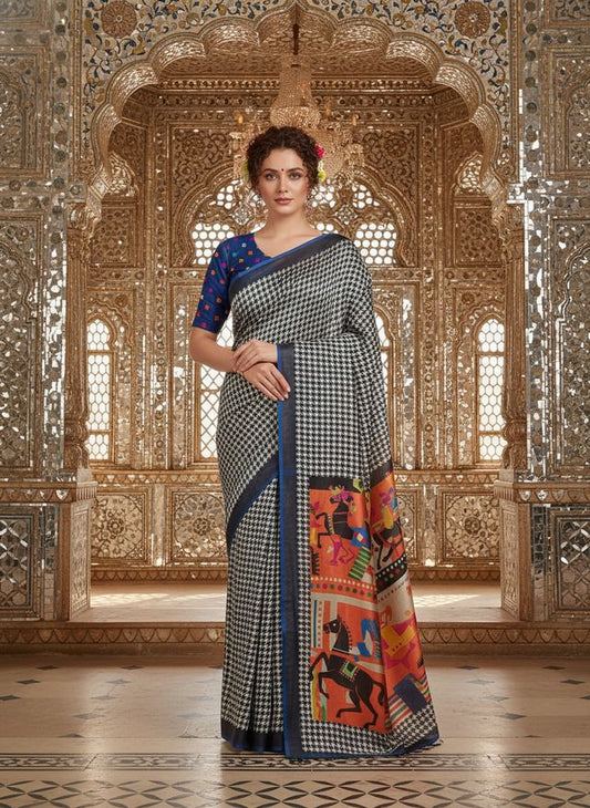Blue Color Crepe Silk Fabric Designer Digital Printed Ethnic Festive Saree