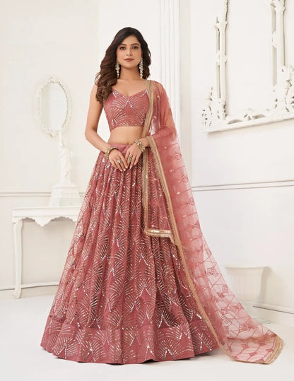 Pink Embroidery Net A Line Lehenga With Blouse