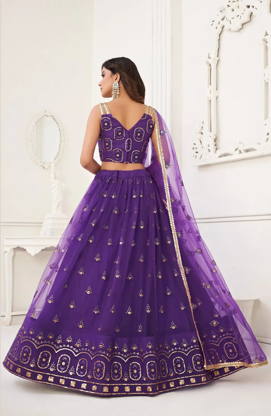 Purple Embroidery Net A Line Lehenga With Blouse