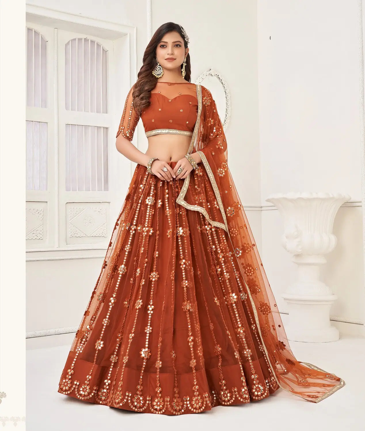 Brown Embroidery Net A Line Lehenga With Blouse