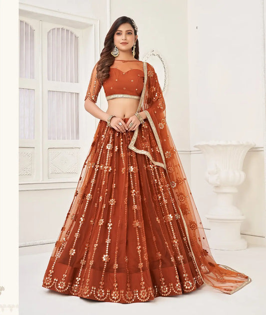 Brown Embroidery Net A Line Lehenga With Blouse