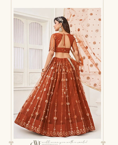 Brown Embroidery Net A Line Lehenga With Blouse