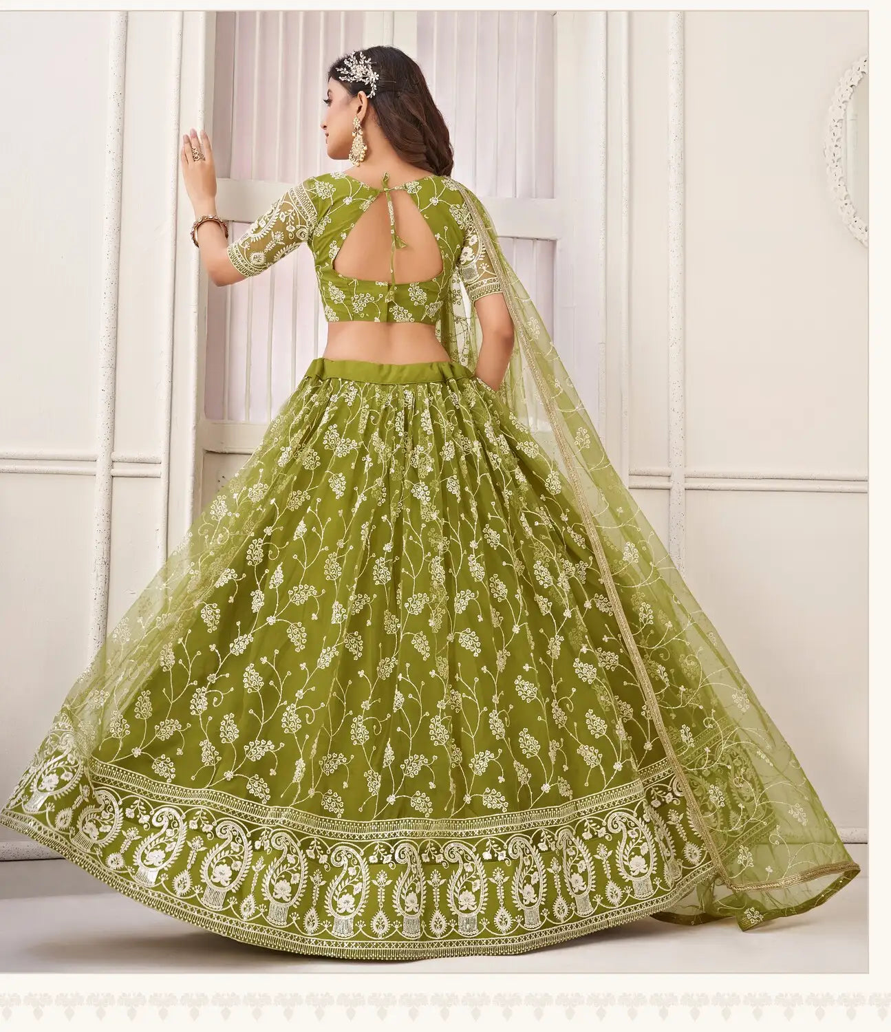 Light Green Embroidery Net A Line Lehenga With Blouse