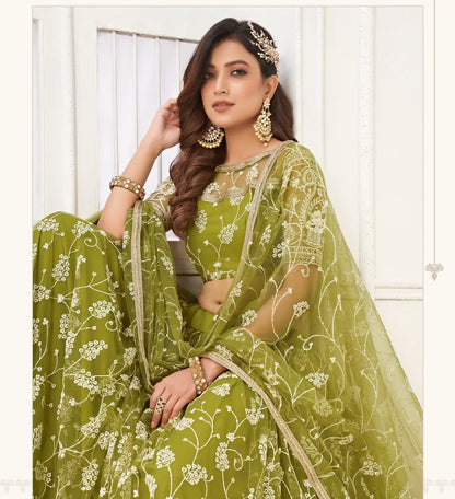 Light Green Embroidery Net A Line Lehenga With Blouse