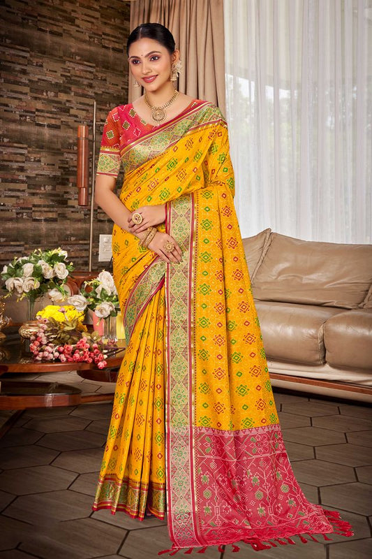 Yellow Color Ethnic Patola Silk Fabric Beautiful Festive Saree
