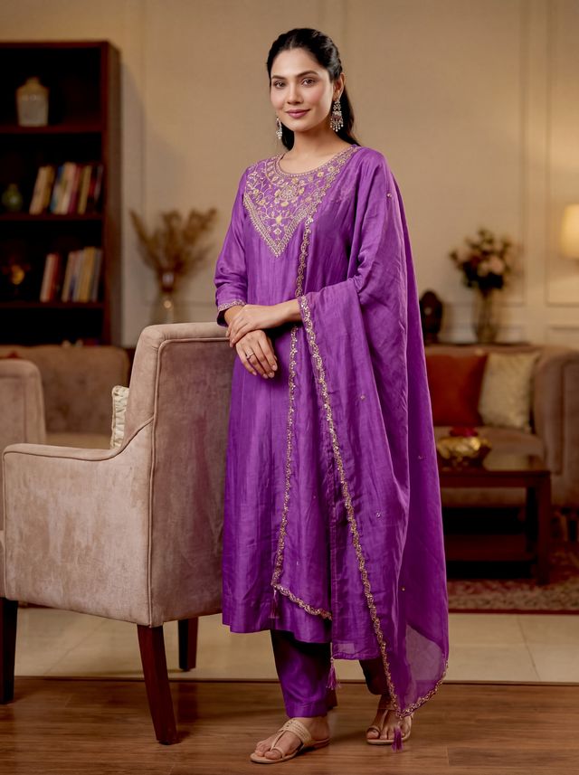 Purple Color Beautiful Vichitra Silk Fabric Designer Ceremonial Readymade Suit