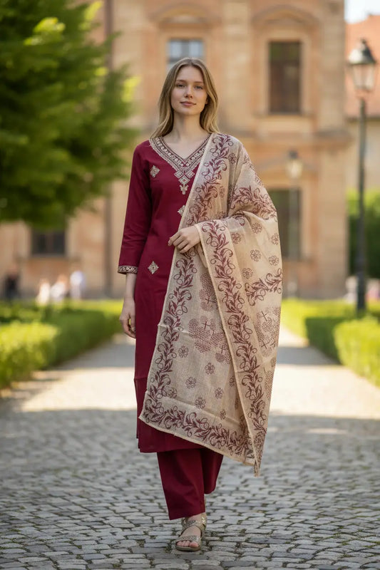 Women's Beautiful Rayon Slub Fabric Embroidery Work Straight Kurta Pant and Dupatta Set